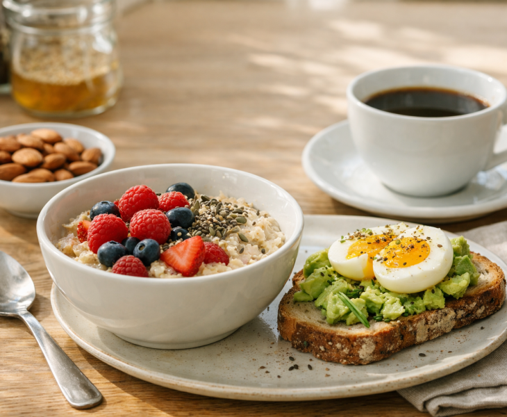 Petit déjeuner IG bas composé de porridge aux fruits rouges et graines, œuf mollet sur pain complet au levain, amandes et café sur table en bois clair.