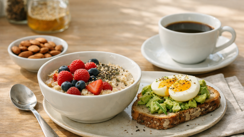 Petit déjeuner IG bas composé de porridge aux fruits rouges et graines, œuf mollet sur pain complet au levain, amandes et café sur table en bois clair.