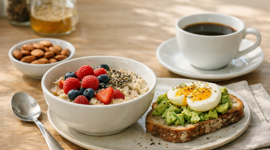 Petit déjeuner IG bas composé de porridge aux fruits rouges et graines, œuf mollet sur pain complet au levain, amandes et café sur table en bois clair.