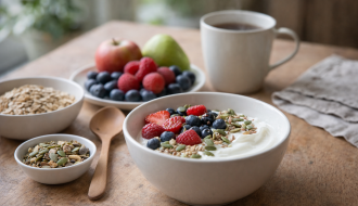 Petit-déjeuner à indice glycémique bas avec yaourt nature, fruits entiers, flocons d’avoine et graines, illustrant une glycémie plus stable
