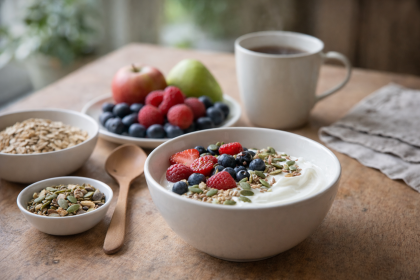 Petit-déjeuner à indice glycémique bas avec yaourt nature, fruits entiers, flocons d’avoine et graines, illustrant une glycémie plus stable