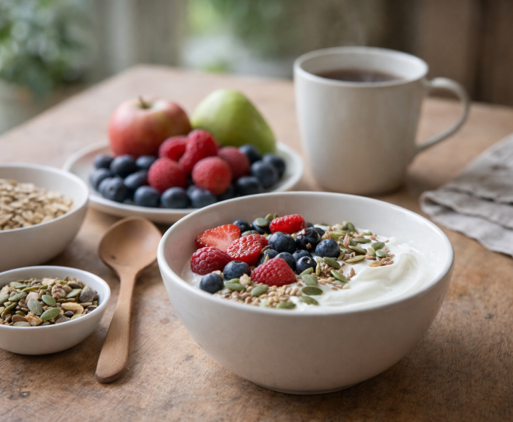 Petit-déjeuner à indice glycémique bas avec yaourt nature, fruits entiers, flocons d’avoine et graines, illustrant une glycémie plus stable