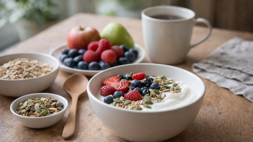 Petit-déjeuner à indice glycémique bas avec yaourt nature, fruits entiers, flocons d’avoine et graines, illustrant une glycémie plus stable