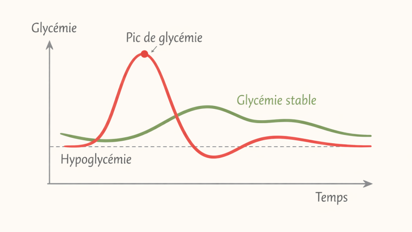 Illustration comparant un pic de glycémie avec chute rapide et une glycémie stable et progressive, en lien avec la perte de poids.