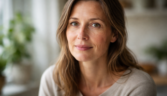 Portrait naturel d’un visage adulte en lumière douce, illustrant le vieillissement réel et l’approche nutritionnelle anti-âge