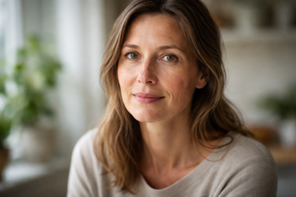 Portrait naturel d’un visage adulte en lumière douce, illustrant le vieillissement réel et l’approche nutritionnelle anti-âge