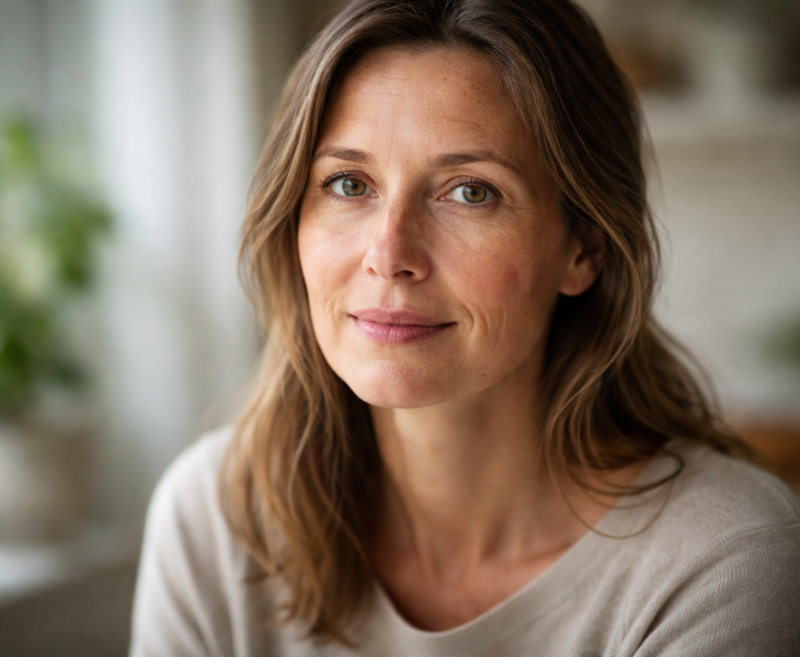 Portrait naturel d’un visage adulte en lumière douce, illustrant le vieillissement réel et l’approche nutritionnelle anti-âge