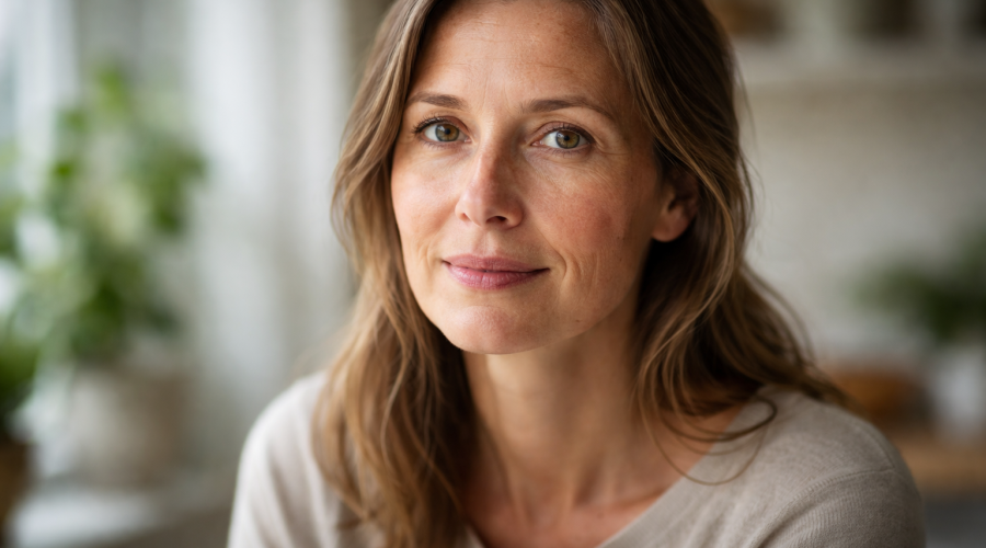 Portrait naturel d’un visage adulte en lumière douce, illustrant le vieillissement réel et l’approche nutritionnelle anti-âge