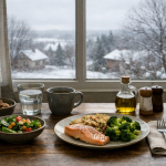 Table dressée près d’une fenêtre en hiver avec un repas équilibré, lumière intérieure chaleureuse et paysage hivernal gris à l’extérieur