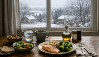 Table dressée près d’une fenêtre en hiver avec un repas équilibré, lumière intérieure chaleureuse et paysage hivernal gris à l’extérieur