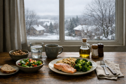 Table dressée près d’une fenêtre en hiver avec un repas équilibré, lumière intérieure chaleureuse et paysage hivernal gris à l’extérieur