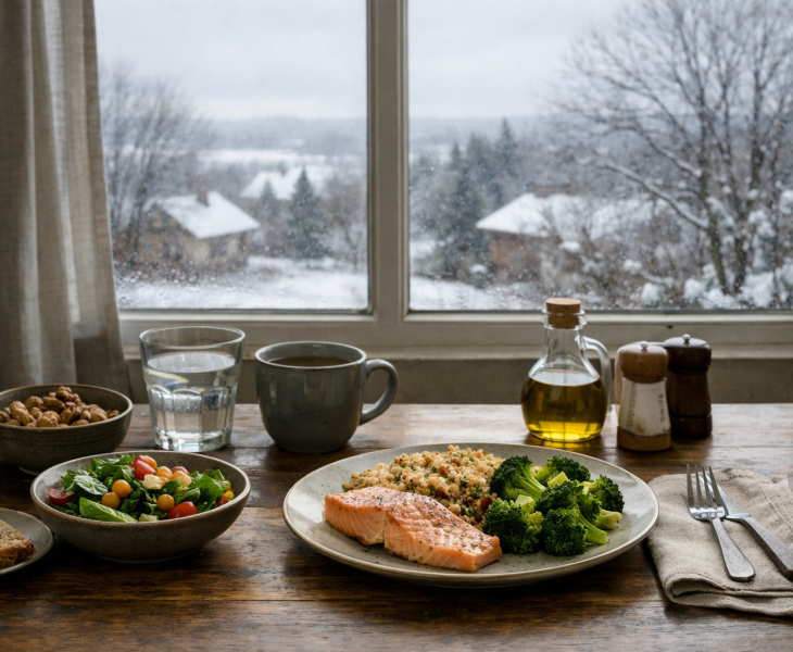 Table dressée près d’une fenêtre en hiver avec un repas équilibré, lumière intérieure chaleureuse et paysage hivernal gris à l’extérieur