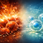 Illustration du stress oxydatif : cellules exposées à un flux lumineux intense d’un côté et cellules stabilisées dans un environnement apaisé, métaphore de l’impact de l’indice glycémique sur le syndrome métabolique.