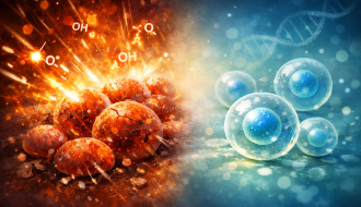 Illustration du stress oxydatif : cellules exposées à un flux lumineux intense d’un côté et cellules stabilisées dans un environnement apaisé, métaphore de l’impact de l’indice glycémique sur le syndrome métabolique.