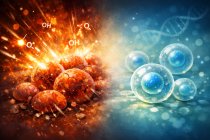 Illustration du stress oxydatif : cellules exposées à un flux lumineux intense d’un côté et cellules stabilisées dans un environnement apaisé, métaphore de l’impact de l’indice glycémique sur le syndrome métabolique.