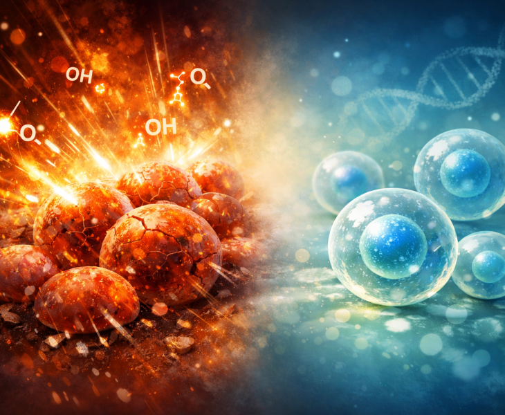 Illustration du stress oxydatif : cellules exposées à un flux lumineux intense d’un côté et cellules stabilisées dans un environnement apaisé, métaphore de l’impact de l’indice glycémique sur le syndrome métabolique.