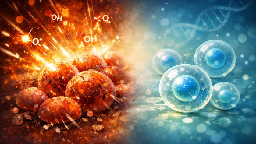 Illustration du stress oxydatif : cellules exposées à un flux lumineux intense d’un côté et cellules stabilisées dans un environnement apaisé, métaphore de l’impact de l’indice glycémique sur le syndrome métabolique.